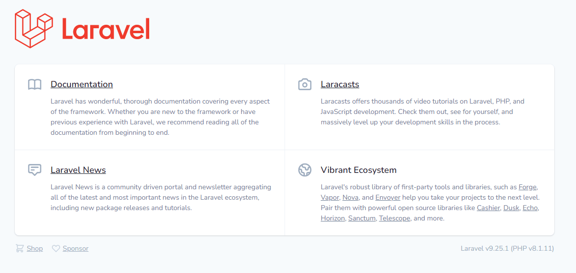 A Laravel page loads after successful installation.