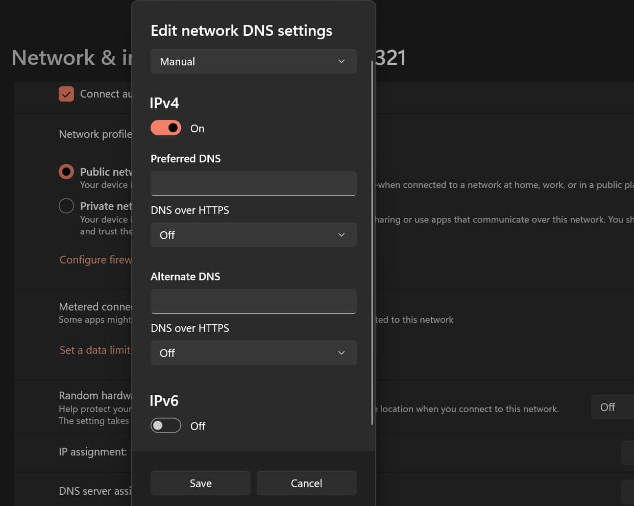 Aktivering af manuelle DNS-indstillinger på Windows.