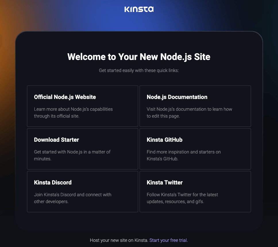 Kinsta Welcome page after successful deployment of Node.js.