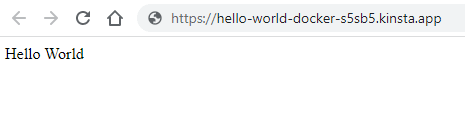 Node.js med Dockerfile Hello World-side efter en vellykket installation.