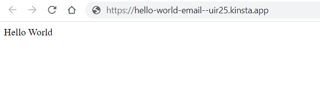 Node.js e-mail, der sender Hello World-siden efter vellykket installation.