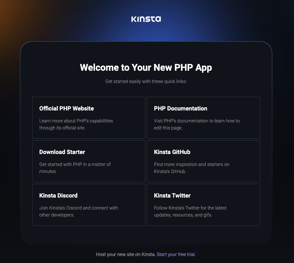 Página de boas-vindas da Kinsta após a implantação bem-sucedida do PHP.
