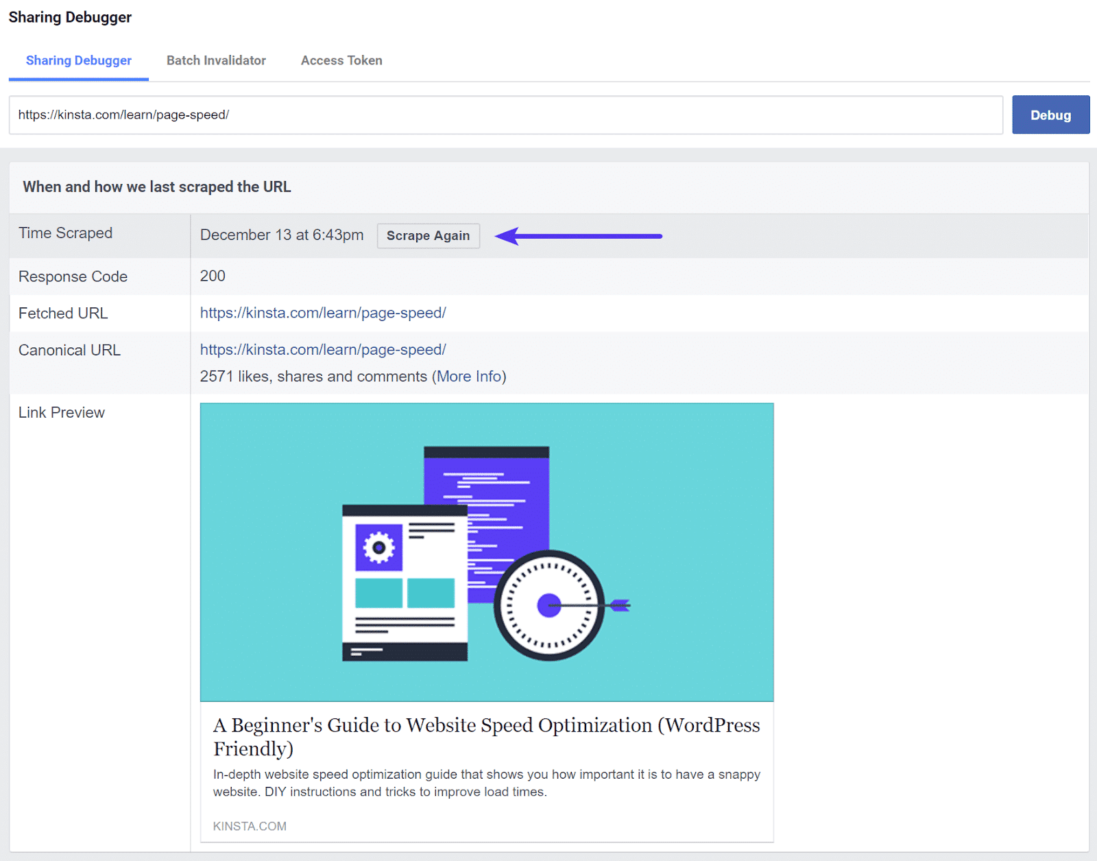 Scraper à nouveau dans les outils de Sharing Debugger