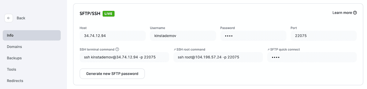 Detalhes SFTP/SSH no MyKinsta.