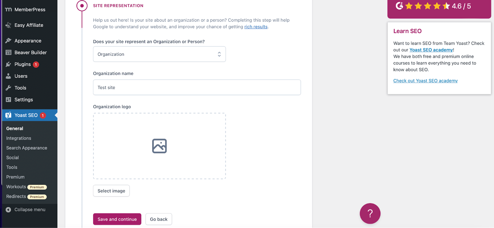 Schermata Rappresentazione del sito nella configurazione guidata di Yoast SEO