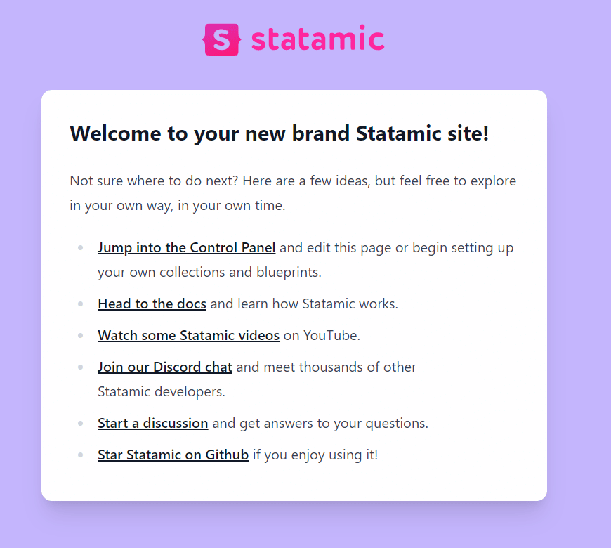 Página de Boas-vindas da Statamic após a instalação bem sucedida.