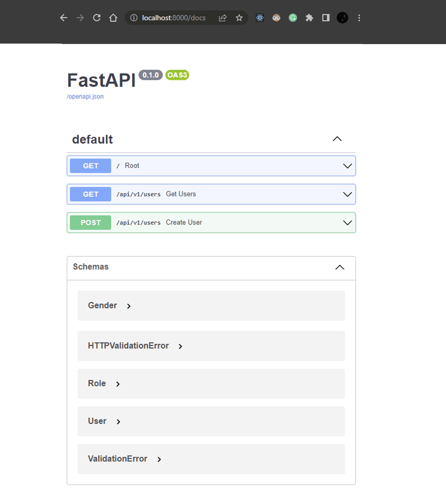 Documentación de Swagger UI para FastAPI.