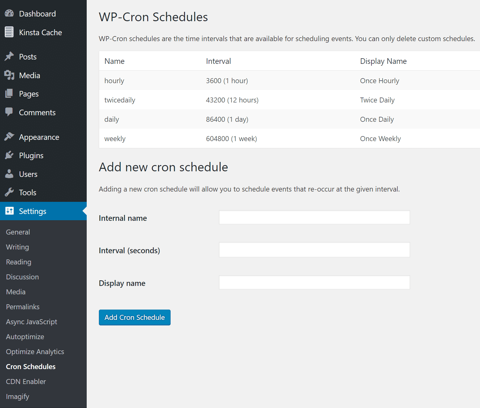 Screenshot of WP-Cron schedules