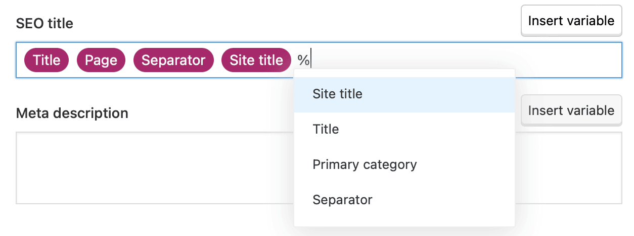 Een paar van de meest voorkomende variabelen in het dropdownmenu van Yoast SEO