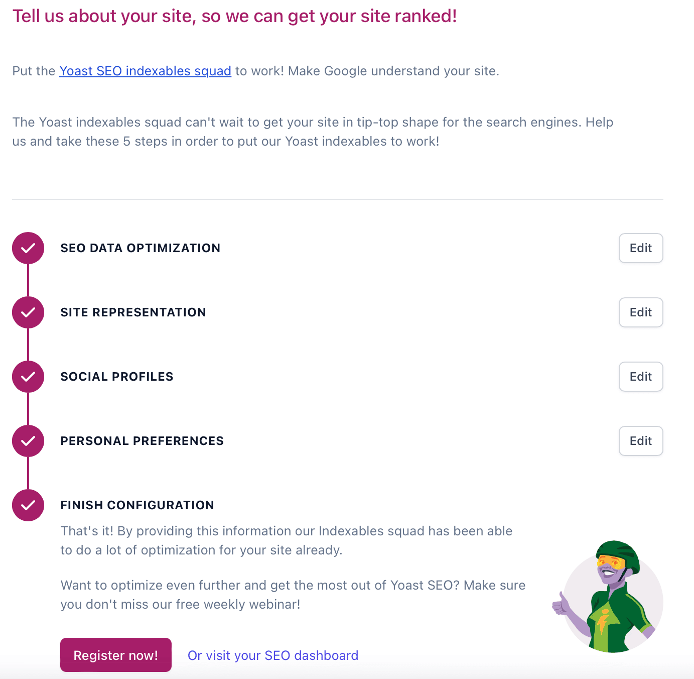 Scheda Configurazione Iniziale da cui rivisitare la configurazione guidata di Yoast