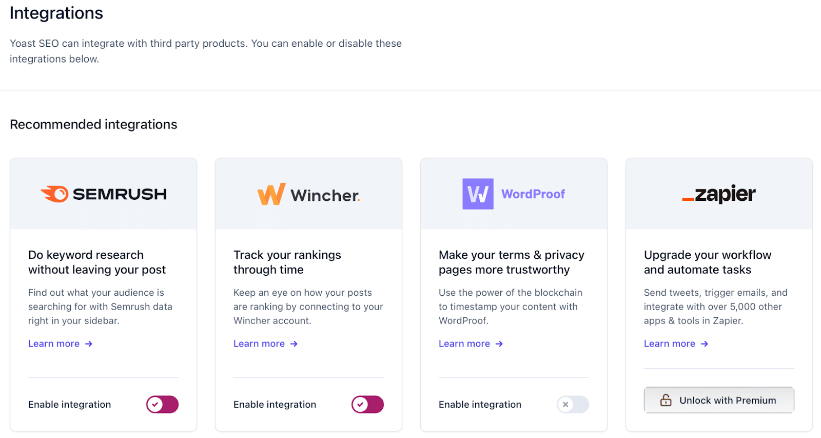 La pagina Integrazioni di Yoast dove si trovano i link ad altri servizi integrabili con Yoast, come SEMrush, Wincher, WordProof e Zapier