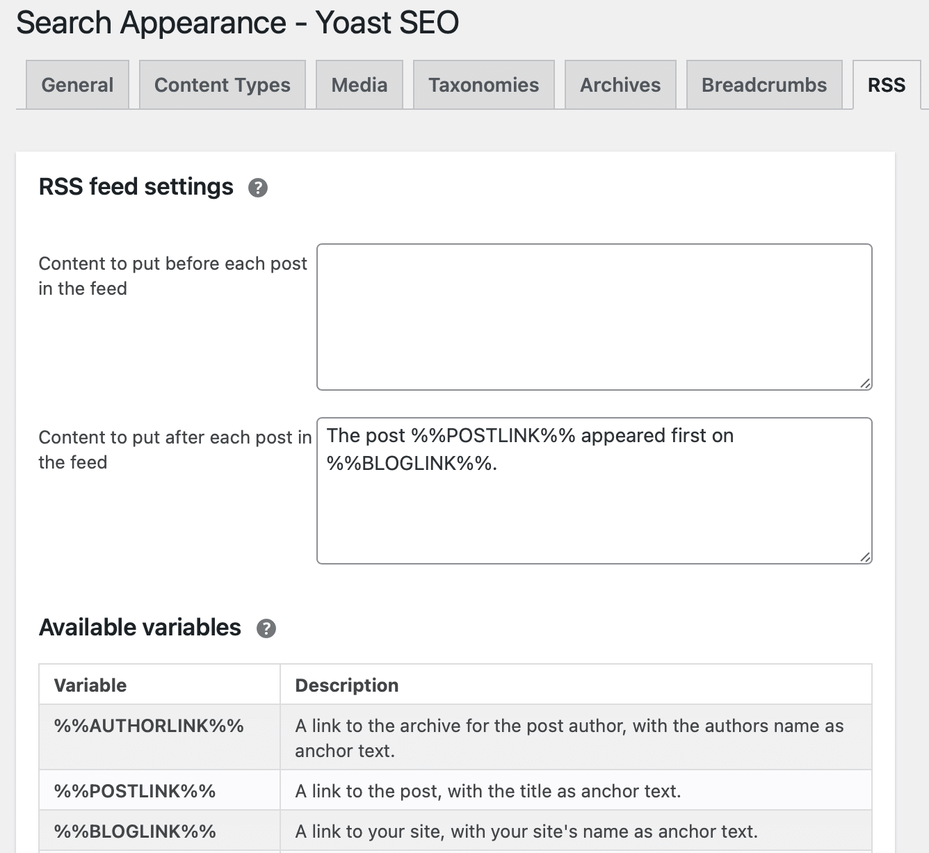 Yoast SEO RSS feed sectie