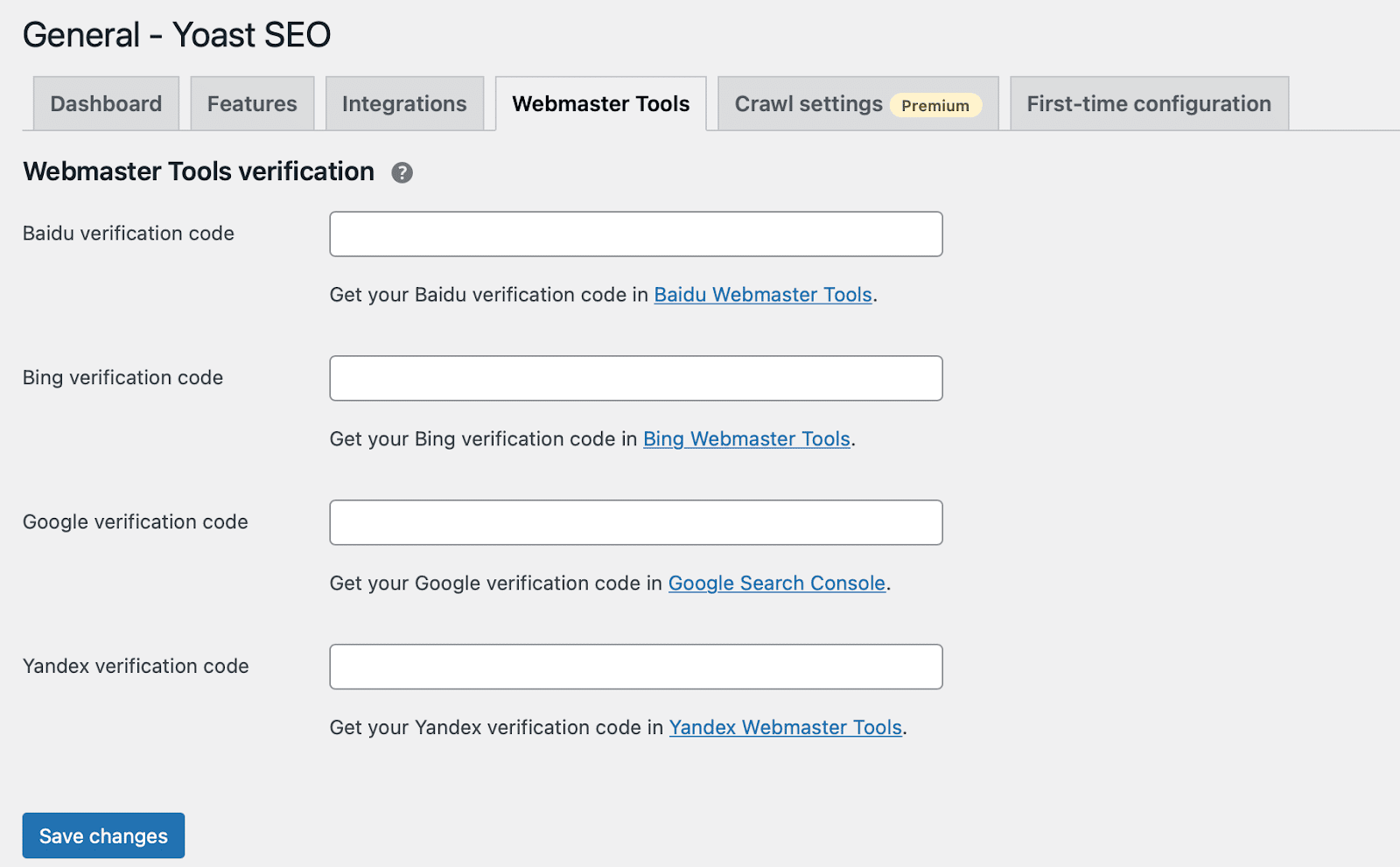 La scheda Strumenti per Webmaster della sezione Generali di Yoast dove si trovano i campi per aggiungi i codici di verifica dei motori di ricerca