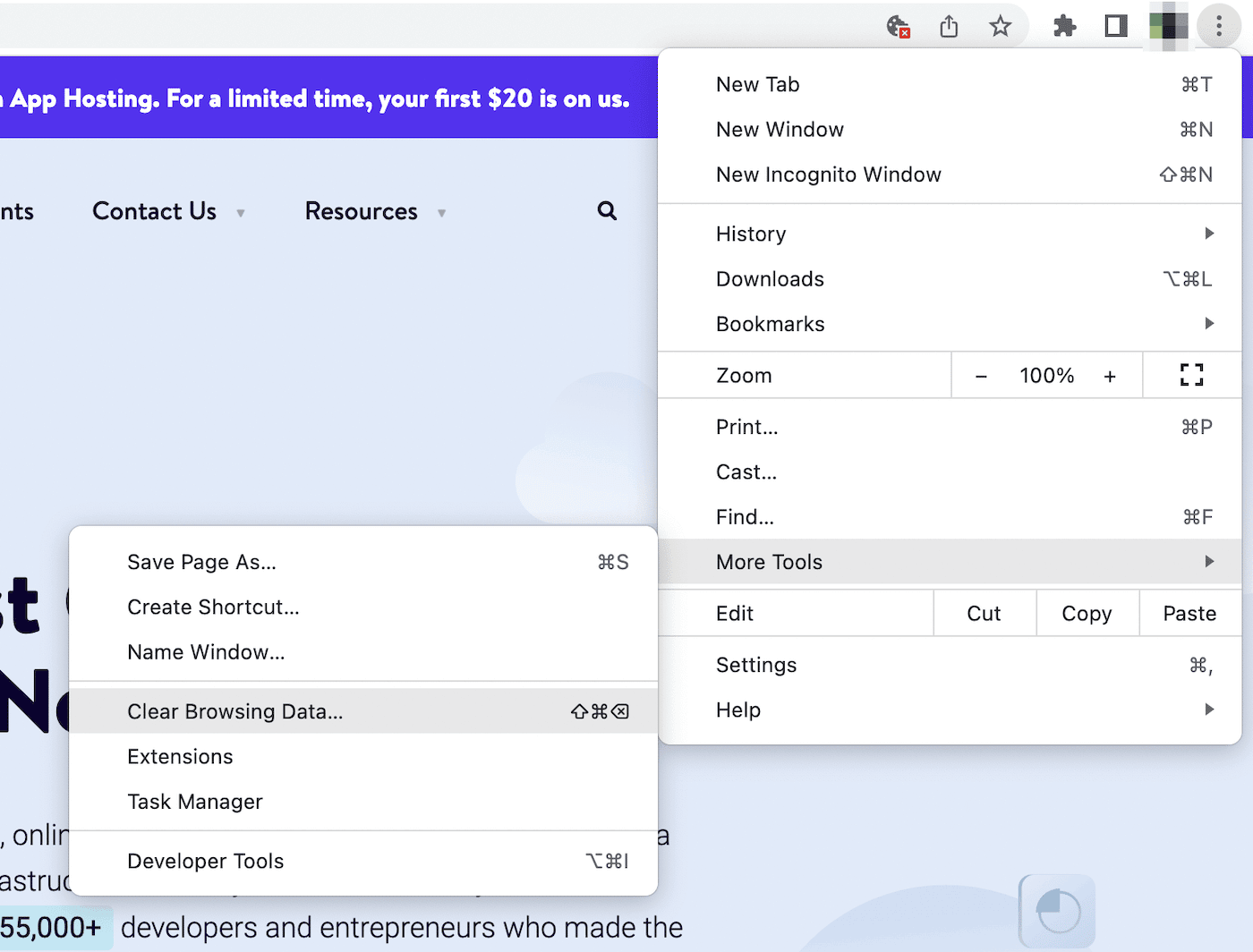 Dropdown menu to clear Chrome browsing data