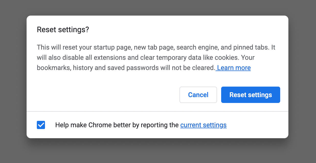 Finesta pop-up che chiede conferma del ripristino delle impostazioni di Chrome