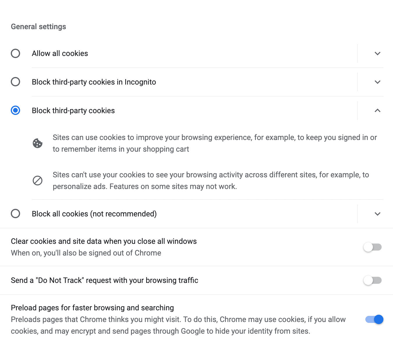 Configuración de cookies de Chrome