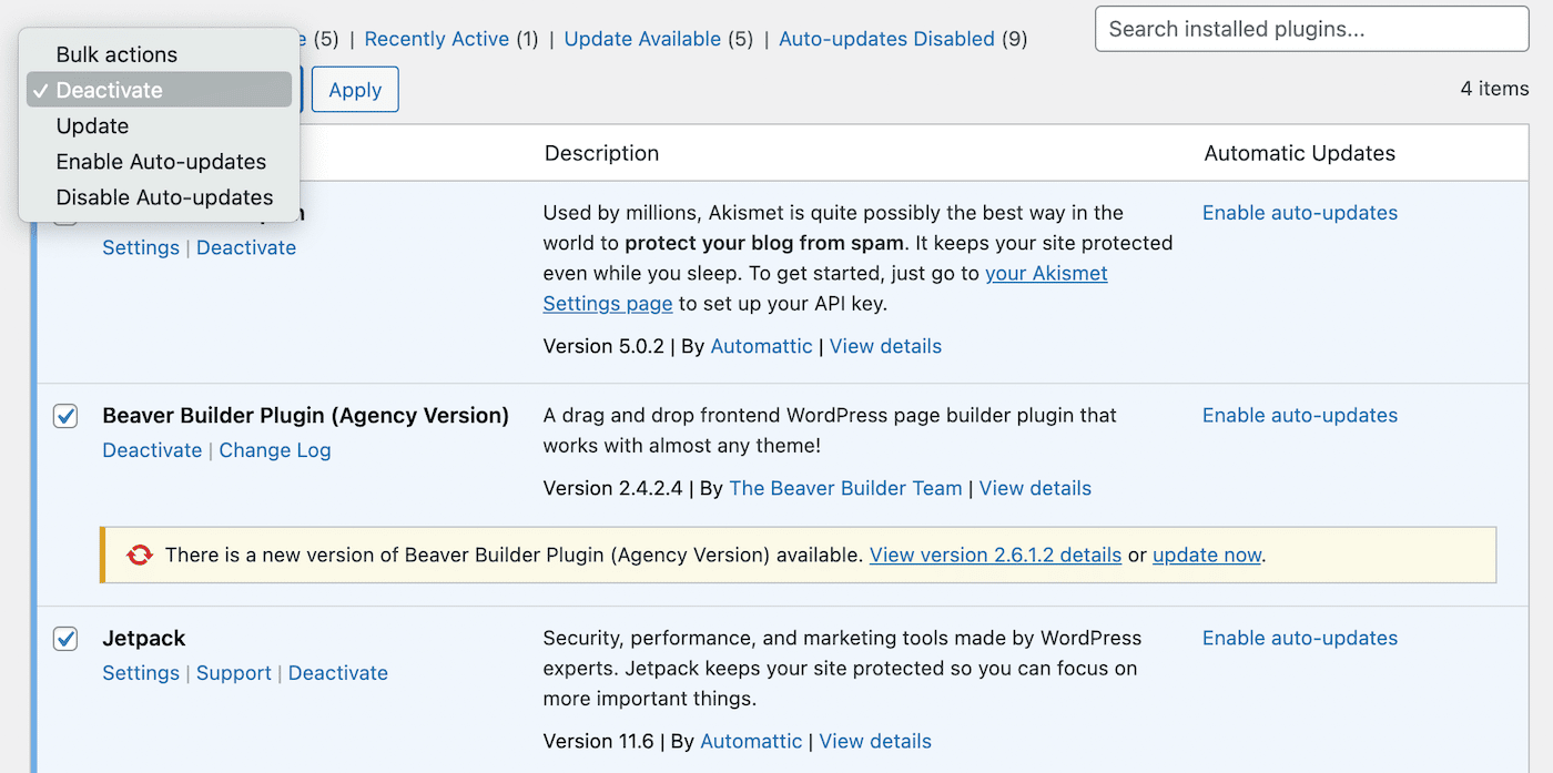 Pagina met WordPress plugins in het dashboard