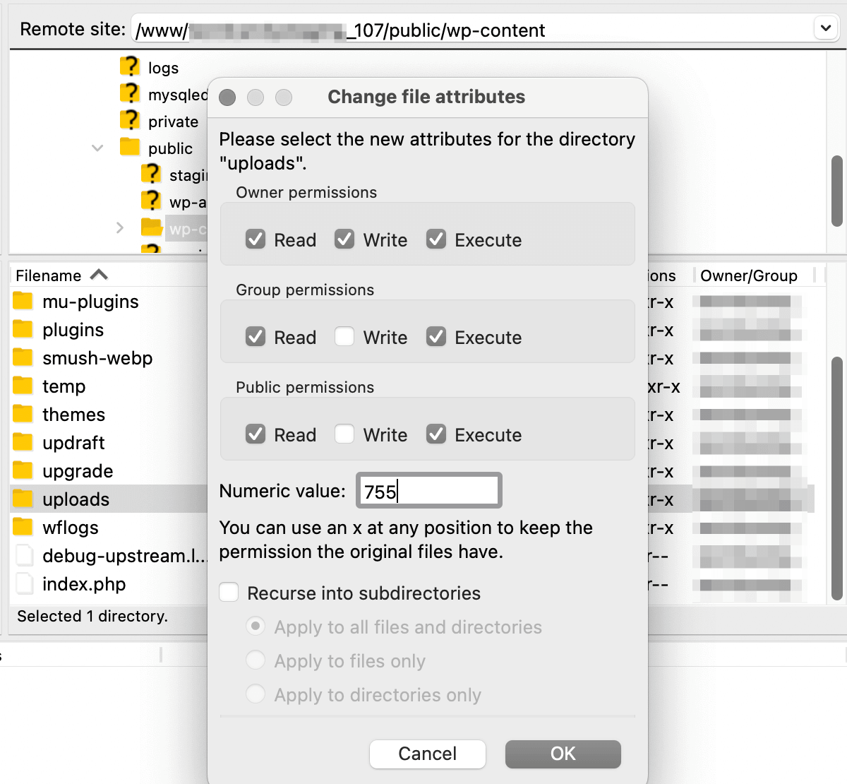 Schermata di un client SFTP: è aperta la finestra Change file attributes, in cui compaiono i vari permessi dei file. È stato selezionato il permesso 755