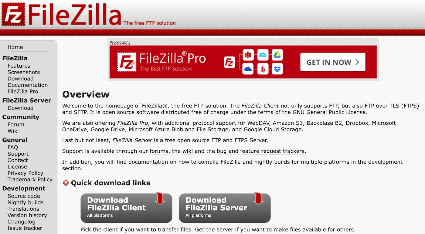 Schermata di Download di FileZilla 