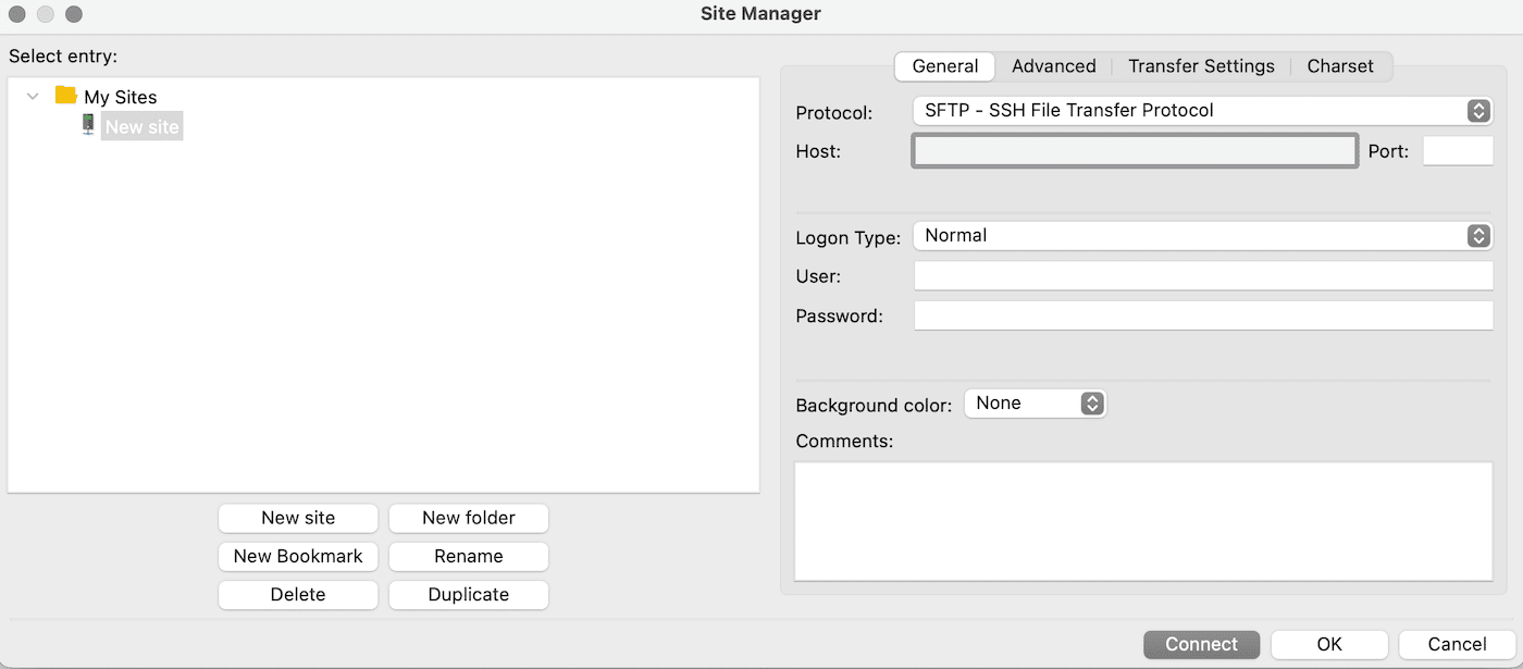 Schermata di connessione al sito web di FileZilla