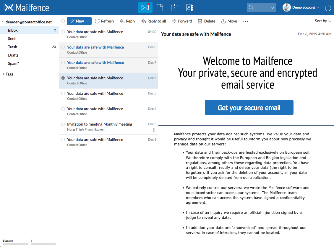 Interfaccia di Mailfence