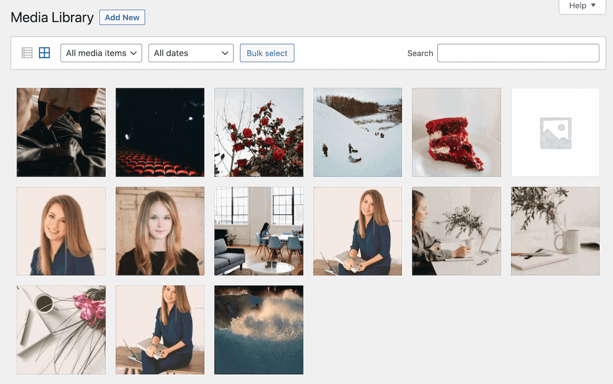 Schermata della libreria media di WordPress con alcune foto demo