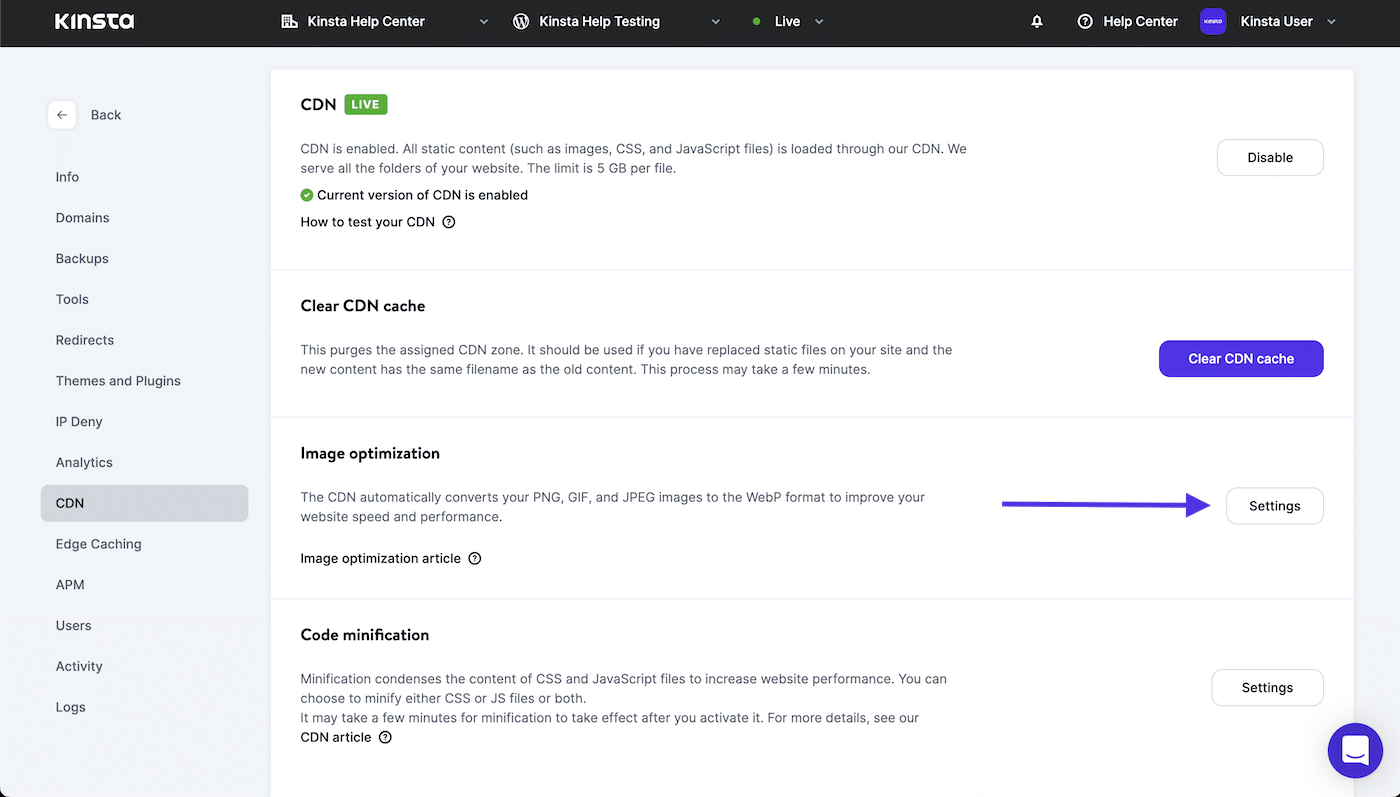 An arrow pointing to the "Settings" button to enable Image optimization in MyKinsta.