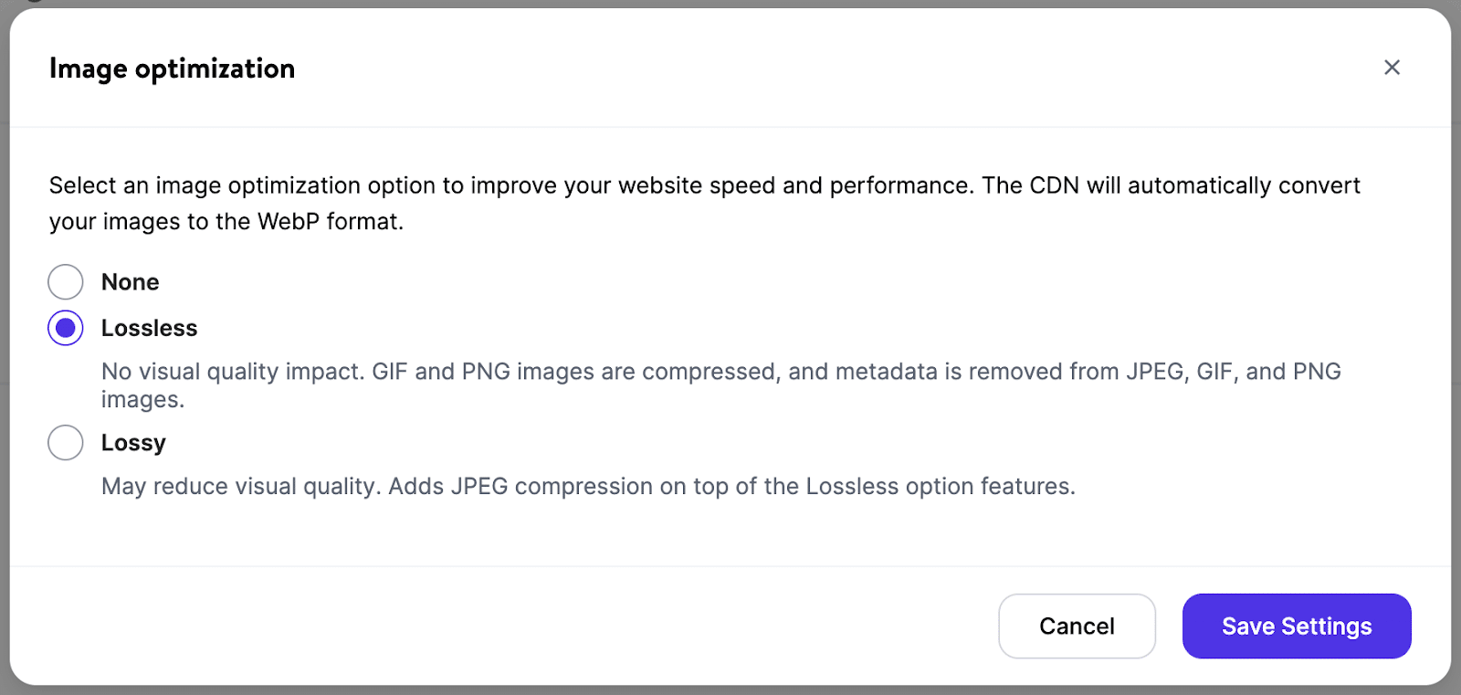 lossless image optimization option in MyKinsta