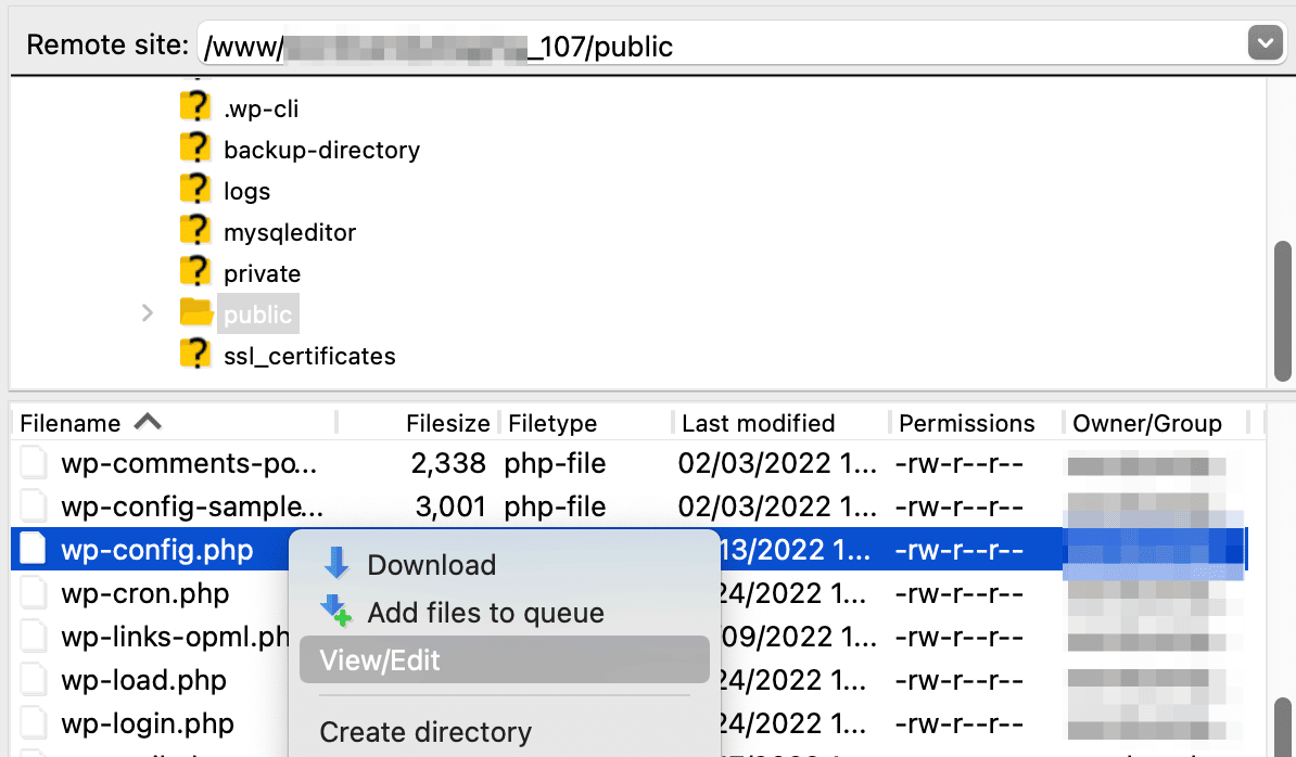 Schermata di FileZilla da cui modificare il file wp-config.php