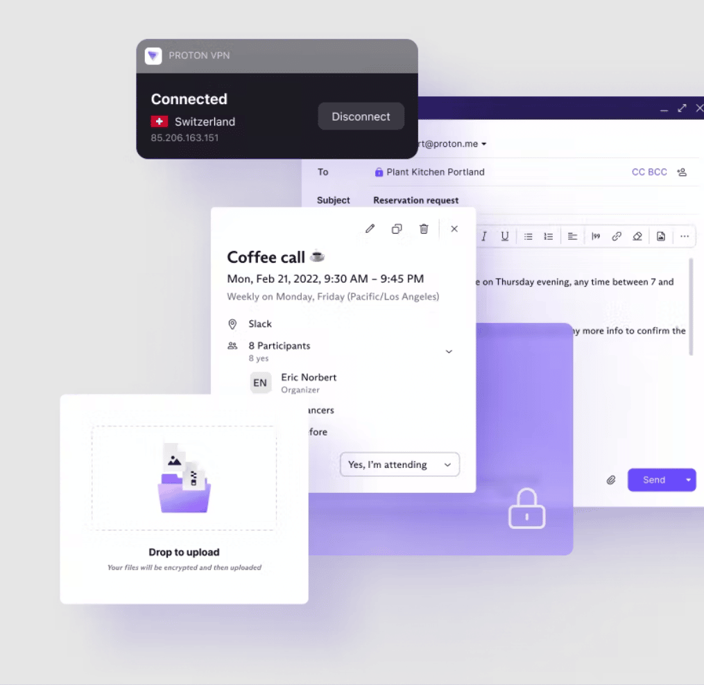 Schermata di esempio delle funzionalità di Protonmail, come gli eventi in calendario, la VPN o l’interfaccia per caricare i file