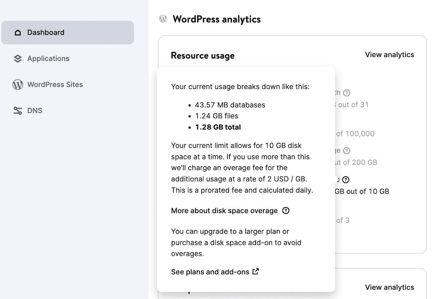 Uitsplitsing van Kinsta resource usage 