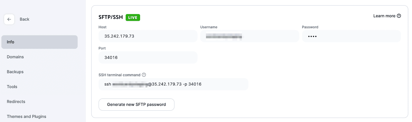 Credenciales de inicio de sesión SFTP de MyKinsta