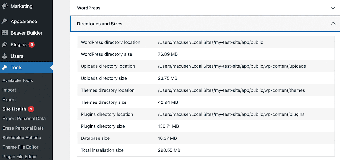 Taille des répertoires dans la santé du site WordPress