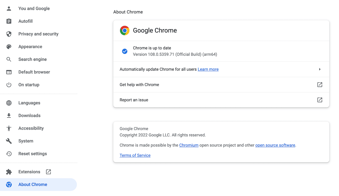 Schermata About Chrome da cui controllare il numero di versione
