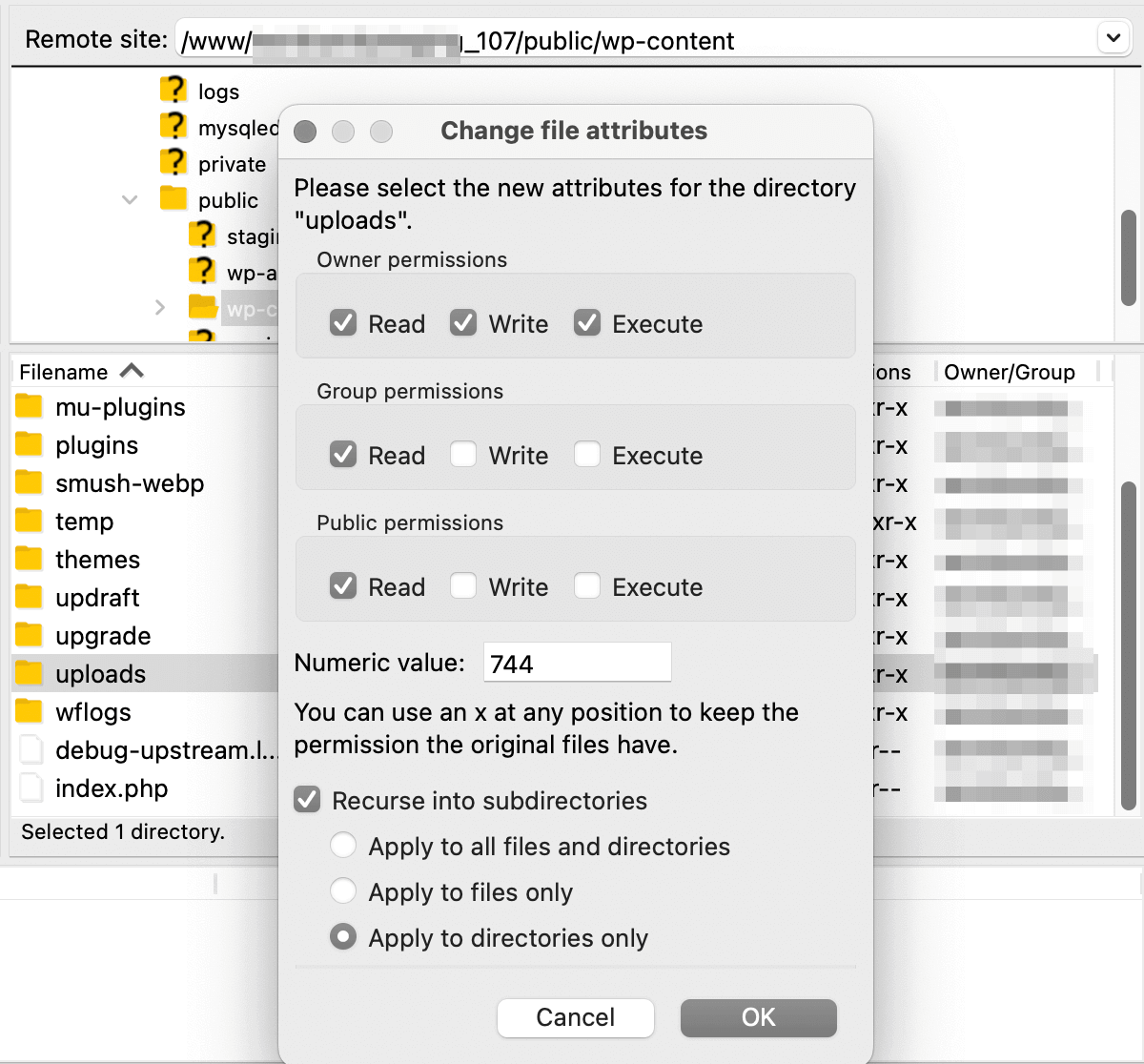 Schermata di un client SFTP: è aperta la finestra Change file attributes, in cui compaiono i vari permessi dei file. È stato selezionato il permesso 744 e sotto è selezionata l’opzione Apply to directories only