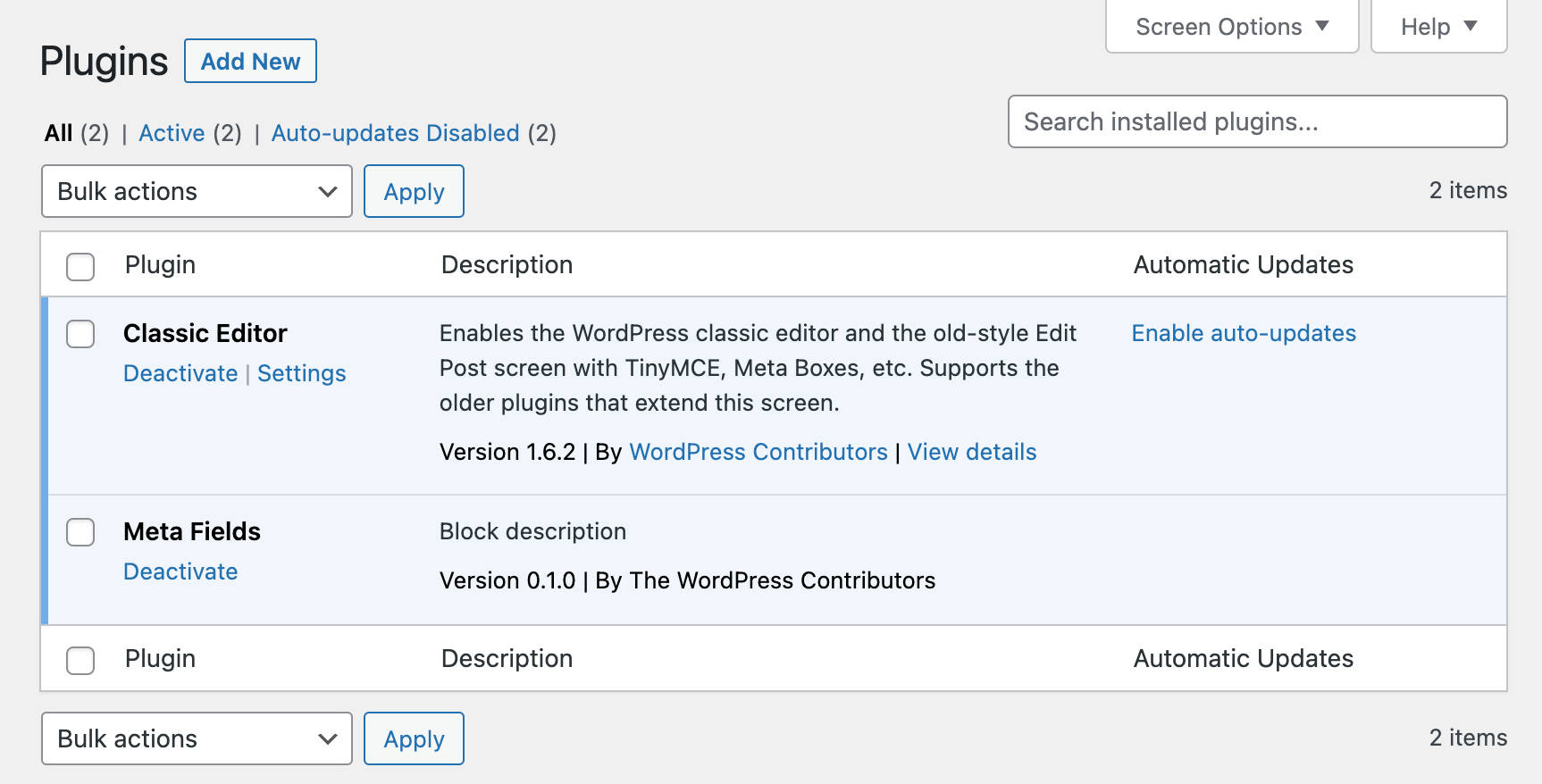 Schermata dei Plugins di WordPress con Classic Editor e Meta Fields attivati