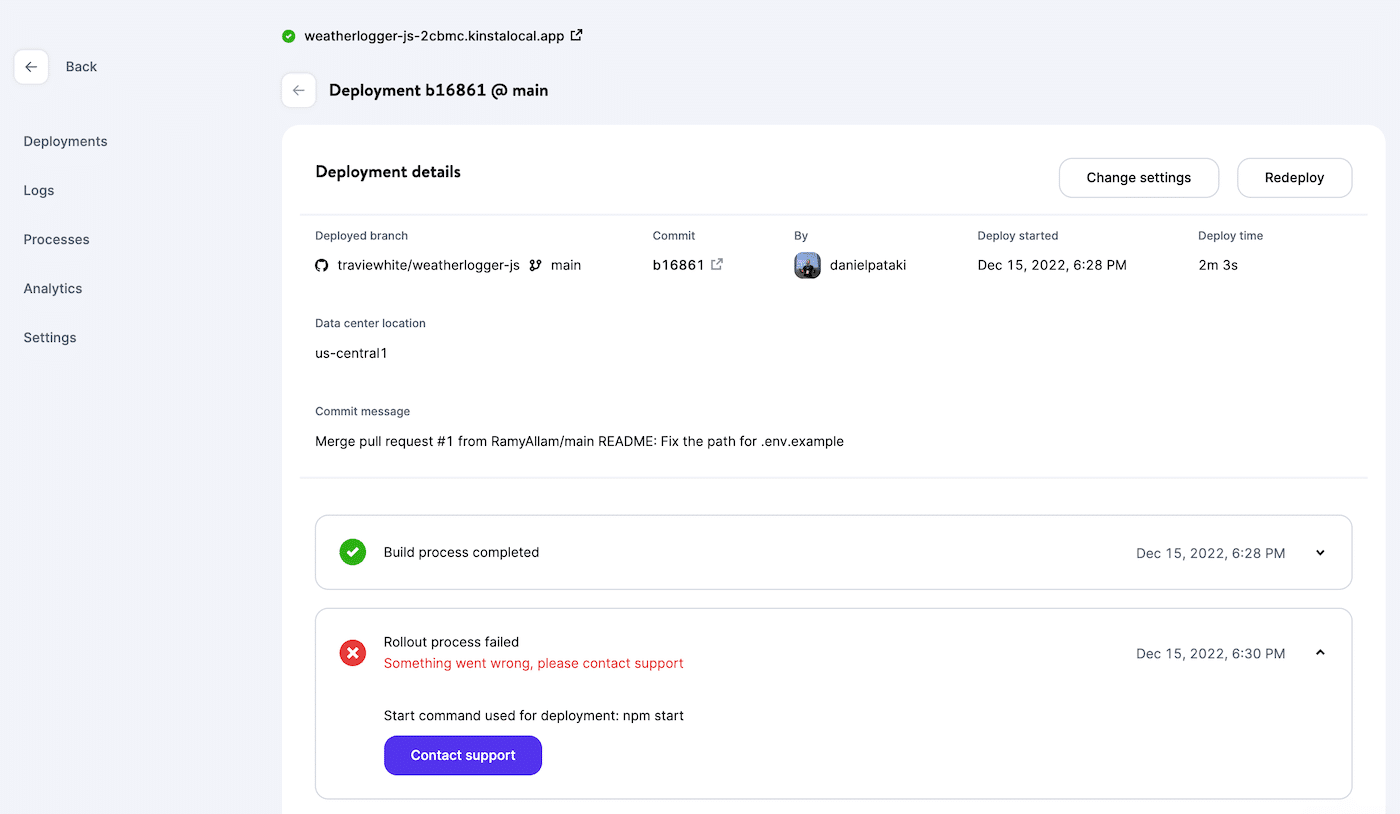 Proceso de despliegue fallido en los detalles del Despliegue.