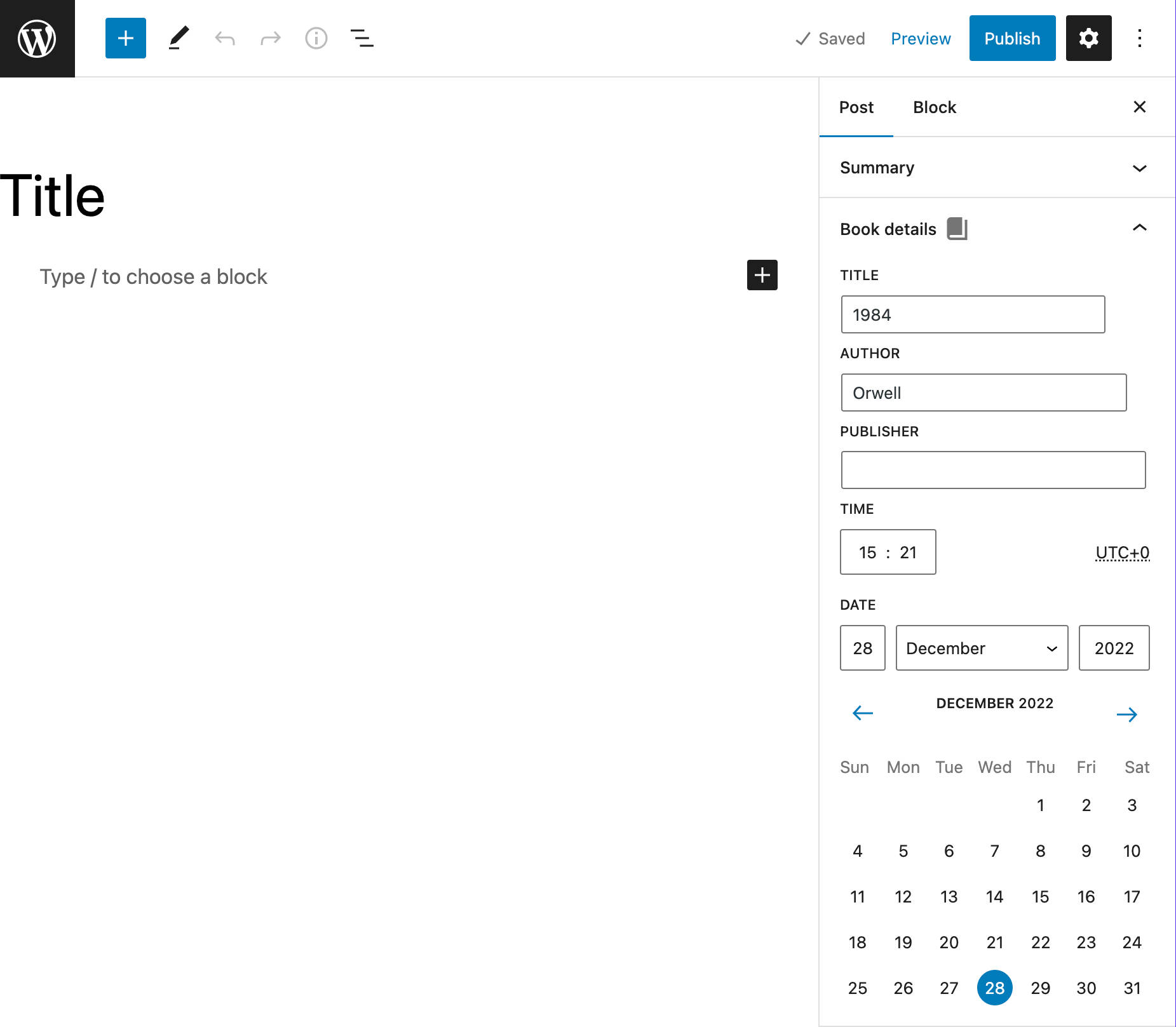 Un pannello di meta box personalizzato nel menu destro dell’editor Gutenberg: si chiama Dettagli del libro