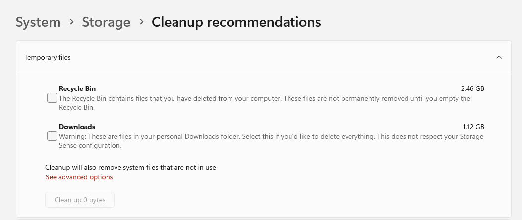 Opzioni di Windows con i consigli per la pulizia