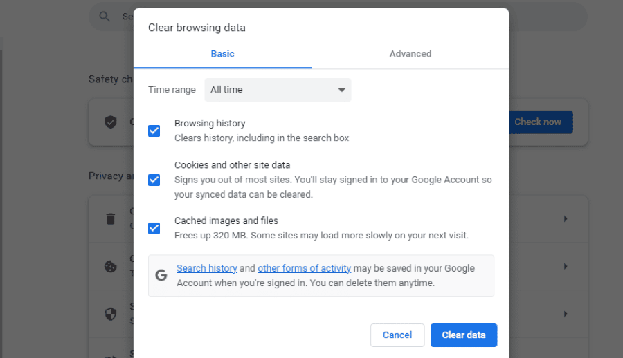 Popup box for clearing browsing data in Google Chrome