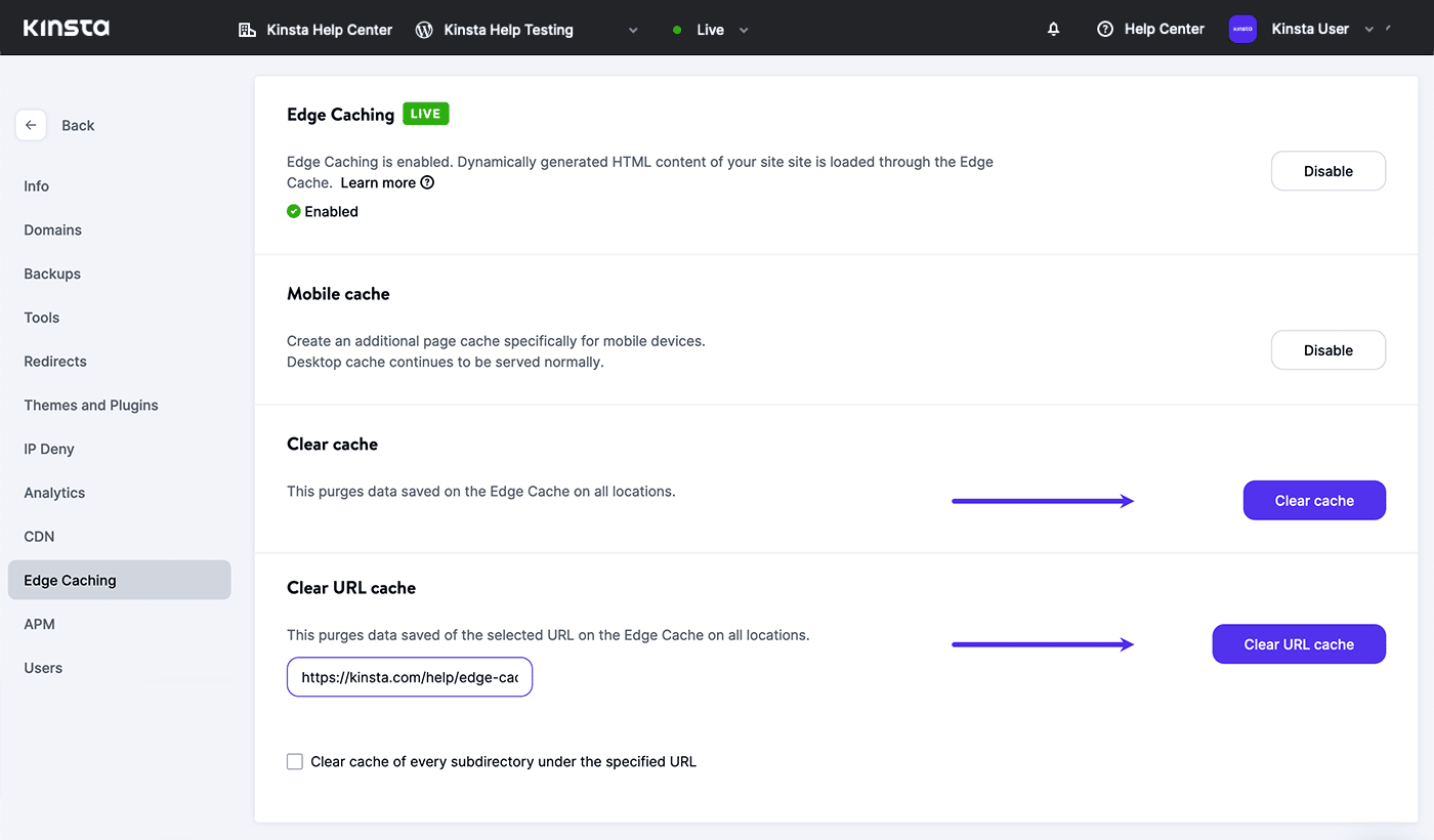 Screenshot: Cancellare della cache edge nella dashboard di MyKinsta.