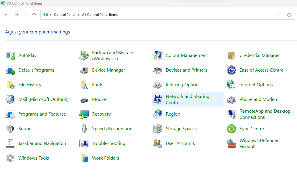 Network and Sharing Centre option in Control Panel