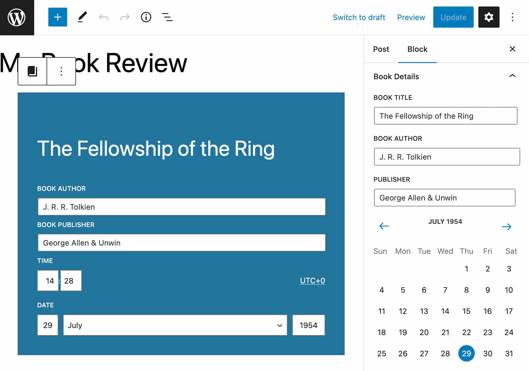 Um bloco personalizado incluindo vários meta fields.