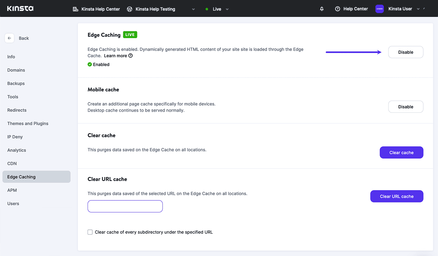 Screenshot:Edge Caching uitschakelen in MyKinsta of alleen mobiele caching