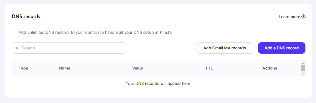 DNS records in Kinsta