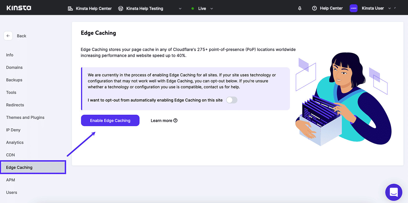 Skærmbillede: Aktivering af Edge Caching i MyKinsta-dashboardet.