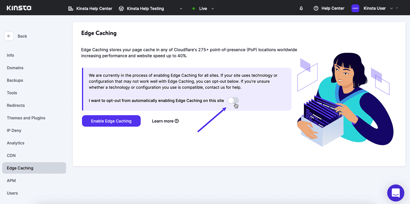 Välj bort Edge Caching med hjälp av instrumentpanelen i MyKinsta.