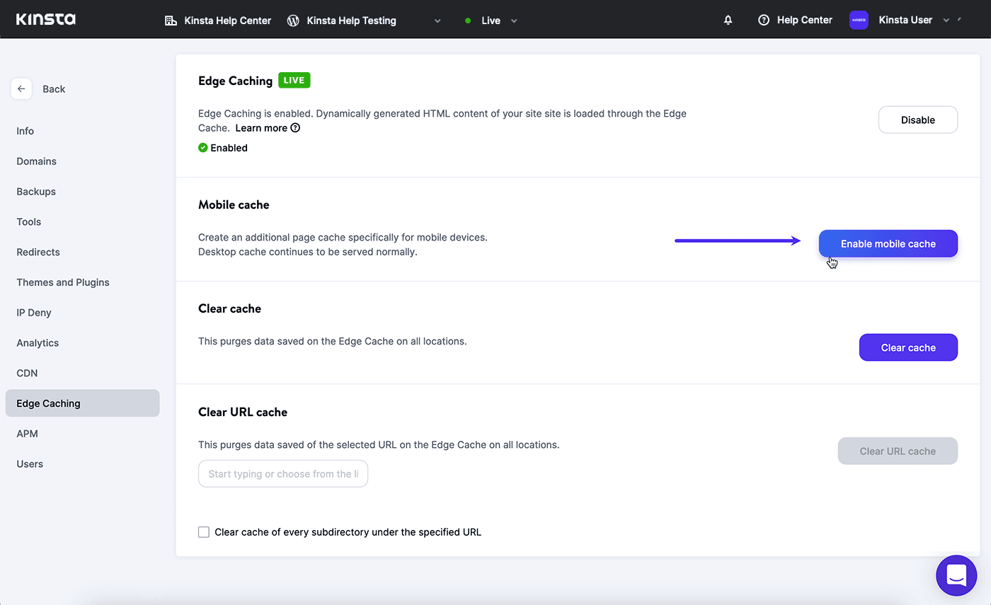 Screenshot: Enabling Edge Caching for mobile content.