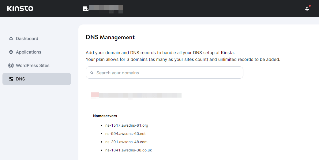 DNS-hanteringssidan i MyKinsta.