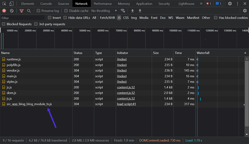 Screenshot: Updated view of Angular JavaScript files logged in Developer Tools.